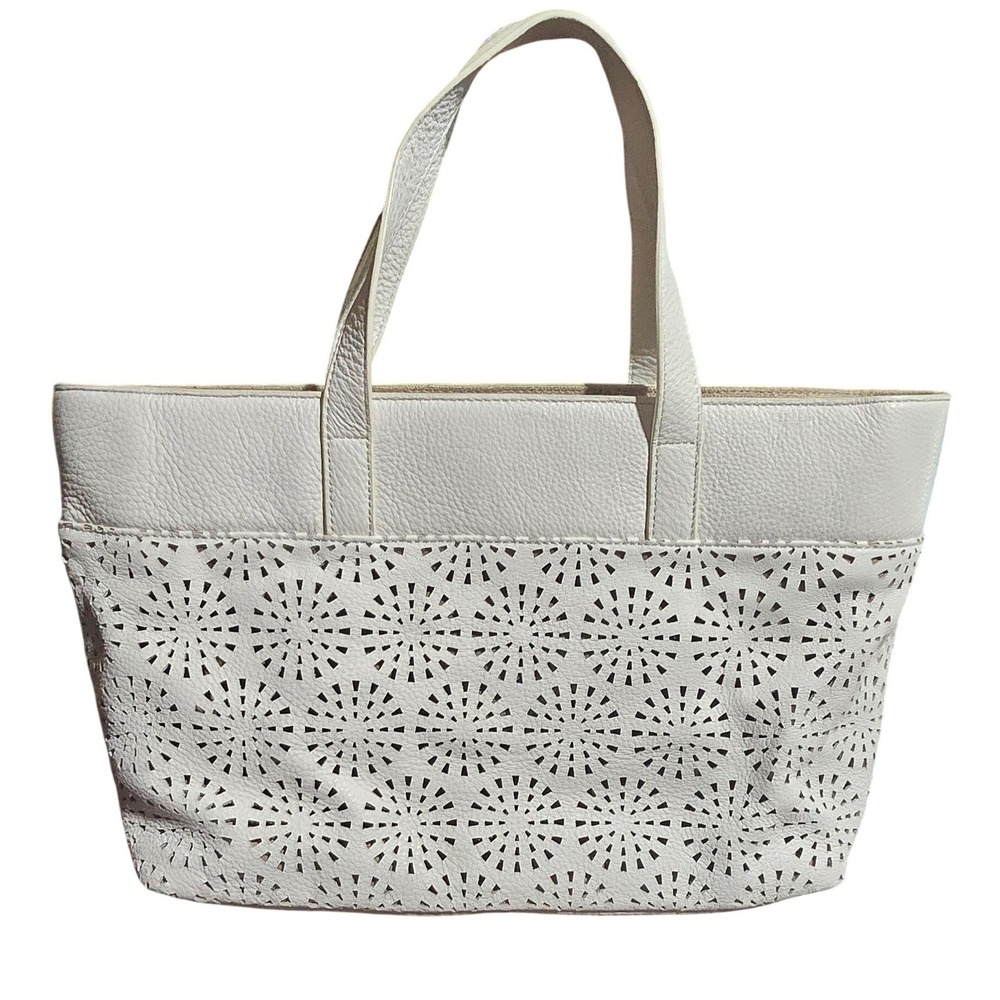 TALBOTS laser cut punch  floral starburst white leather linen tote purse‎ spring